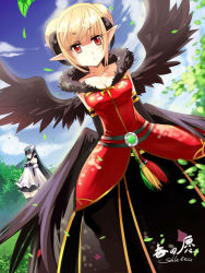 Rule 34 | 00s, 2girls, bare shoulders, black wings, blonde hair, cloud, day, dress, dungeon and fighter, green hair, leaf, long hair, mage (dungeon and fighter), multiple girls, pointy ears, red eyes, sheltea, signature, slit pupils, thighhighs, wings, zettai ryouiki
