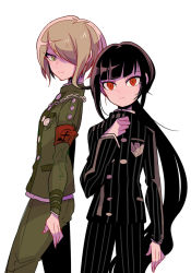 Rule 34 | 2girls, armband, black hair, chain, commentary request, cosplay, cowboy shot, danganronpa (series), danganronpa v3: killing harmony, from side, green eyes, green jacket, green pants, hair over one eye, hand up, harukawa maki, hat, jacket, long hair, long sleeves, looking at viewer, mako gai, mole, mole under eye, multiple girls, pants, ponytail, red eyes, saihara shuichi, saihara shuichi (cosplay), shinguji korekiyo, shinguuji korekiyo (cosplay), short hair, simple background, smile, striped clothes, striped jacket, striped pants, tojo kirumi, white background