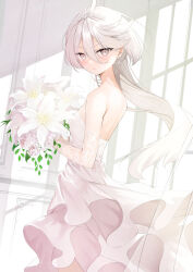 Rule 34 | 1girl, ahoge, alternate costume, back, backless dress, backless outfit, bare shoulders, bouquet, bride, dress, elbow gloves, flower, from side, gloves, grey eyes, grey hair, gundam, gundam suisei no majo, hair between eyes, highres, holding, holding bouquet, lace, lace gloves, long hair, looking at viewer, lynn (voice actor), miorine rembran, solo, strapless, strapless dress, swept bangs, takumi11, tiara, wedding, wedding dress, white dress, white gloves