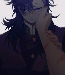 Rule 34 | 1boy, asymmetrical hair, brothers, closed mouth, comforting, crying, demon slayer uniform, fingernails, hair over one eye, hand on another&#039;s arm, hand on another&#039;s cheek, hand on another&#039;s face, hand up, kimetsu no yaiba, long hair, looking at viewer, male focus, odd7qjxrjtueldt, out of frame, outstretched arm, portrait, pov, pov hands, purple eyes, scar, scar on arm, shinazugawa genya, shinazugawa sanemi, siblings, sidecut, simple background, solo focus, undercut, uneven eyes, white background