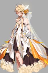 Rule 34 | 1boy, aether (genshin impact), androgynous, blonde hair, choker, cosplay, crossdressing, dress, earrings, flower, flower on head, genshin impact, hair flower, hair ornament, highres, jewelry, male focus, solo, trap, yellow eyes