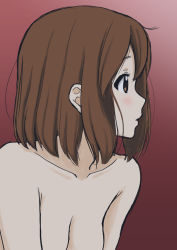 Rule 34 | 00s, 1girl, blush, breasts, brown eyes, brown hair, gradient background, hirasawa yui, k-on!, matching hair/eyes, medium breasts, nude, out-of-frame censoring, parted lips, red background, short hair, simple background, solo, tsukkun, upper body