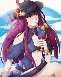 1girl beach blue_sky breasts cleavage cloud commentary cup drink drinking drinking_straw eyelashes fire_emblem fire_emblem_engage fire_emblem_heroes flower hat hat_flower hibiscus highres holding holding_cup horizon ivy_(fire_emblem) ivy_(summer)_(fire_emblem) large_breasts long_hair navel nintendo official_alternate_costume outdoors platinum_ami purple_eyes purple_hair sitting sky solo sun_hat