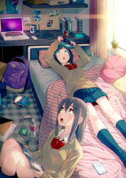 Rule 34 | 2girls, 40hara, :o, backpack, bag, bed, bed sheet, bedroom, black hair, blue legwear, book, bottle, bow, bowtie, brown eyes, brown hair, cellphone, chestnut mouth, clock, computer, digital clock, electrical outlet, electrical outlet, handheld game console, holding, holding book, indoors, kneehighs, laptop, long hair, lying, magazine (object), multiple girls, on back, on bed, open book, open mouth, original, phone, photo (object), pillow, plant, playing games, playstation portable, potted plant, reading, school uniform, short hair, sitting, skirt, smartphone, socks, sweater, water bottle, window