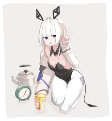 Rule 34 | 1girl, alarm clock, alternate costume, animal ears, black leotard, blue eyes, blunt bangs, breasts, cevio, cleavage, clock, collarbone, commentary request, cup ramen, detached collar, detached sleeves, fake animal ears, finger counting, food, full body, grey background, hand up, highres, holding, holding food, instant udon, kafu (cevio), kamitsubaki studio, kneeling, leotard, looking at viewer, mechanical ears, miminushi, pantyhose, playboy bunny, rabbit ears, simple background, small breasts, smile, solo, steam, strapless, strapless leotard, teapot, thighs, white pantyhose, white sleeves, yellow pupils