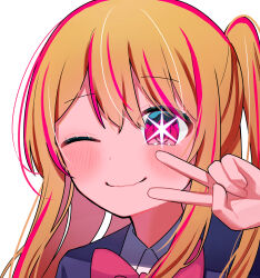 Rule 34 | 1girl, absurdres, blonde hair, blue jacket, blush, bow, bowtie, closed mouth, collared shirt, commentary request, furuima, hair between eyes, hand up, highres, hoshino ruby, jacket, long hair, long sleeves, multicolored hair, one eye closed, one side up, open clothes, open jacket, oshi no ko, pink bow, pink bowtie, pink eyes, pink hair, school uniform, shirt, sidelocks, simple background, smile, solo, star-shaped pupils, star (symbol), streaked hair, symbol-shaped pupils, upper body, v, white background, white shirt, youtou high school uniform