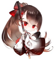 Rule 34 | 1girl, :o, black thighhighs, bow, brown hair, chibi, commentary request, full body, hair bow, holding, holding sheath, japanese clothes, katana, kimono, kotatu (akaki01aoki00), long hair, long sleeves, original, parted lips, ponytail, red bow, red eyes, sheath, sheathed, simple background, single thighhigh, solo, sword, thighhighs, very long hair, weapon, white background, white kimono, wide sleeves