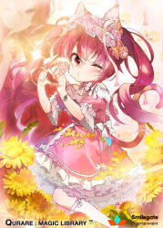 Rule 34 | 1girl, 2girls, ;), animal ears, blurry, blurry background, blush, bow, bracelet, cat ears, cat tail, dress, flower, frilled dress, frills, hair between eyes, hair bow, hairband, heart, heart hands, jewelry, long hair, multiple girls, official art, one eye closed, paw hair ornament, pink dress, pink eyes, pink hair, puckered lips, qurare magic library, sankyaku tako, smile, solo focus, tail, two side up, watermark, white legwear