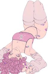 Rule 34 | 1girl, bandaid, breasts, detached sleeves, elliemaplefox, highres, looking at viewer, lying, makeup, medium breasts, multicolored nails, on back, original, pink hair, print shirt, shirt, smile, solo, stomach, tank top, thick thighs, thighhighs, thighs, thong, white eyes