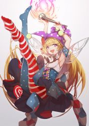 Rule 34 | 1girl, american flag legwear, american flag skirt, arm cuffs, armpits, arms up, blonde hair, bow, clownpiece, fairy wings, fire, full body, grey background, hat, high-waist skirt, highres, holding, jester cap, legs up, long hair, neck ribbon, no-kan, open mouth, pantyhose, polka dot, purple bow, purple eyes, ribbon, sash, simple background, skirt, smile, solo, star (symbol), star print, striped, torch, touhou, very long hair, wings, yellow bow