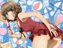 Rule 34 | 1girl, ass, beach background, black ribbon, blue eyes, blush, brown hair, covering privates, covering ass, food, ice cream, koga tomoe, leaning forward, looking at viewer, one-piece swimsuit, panties, pantyshot, plaid, popsicle, ribbon, seishun buta yarou, short hair, short hair, solo, swimsuit, tagme, underwear, upskirt