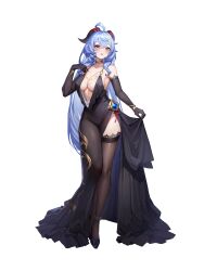 Rule 34 | 1girl, absurdres, ahoge, alternate costume, armpit crease, backless dress, backless outfit, bare shoulders, black dress, black footwear, black sleeves, black thighhighs, blue hair, blush, breasts, clearhand, cocktail dress, collarbone, dress, evening gown, ganyu (genshin impact), genshin impact, goat horns, gold bracelet, gold choker, hand on own chest, high heels, highres, horns, large breasts, long sleeves, no bra, open mouth, purple eyes, revealing clothes, solo, thighhighs, thighs, vision (genshin impact), white background