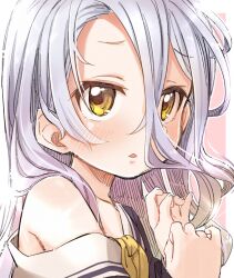 Rule 34 | 1girl, bare shoulders, black shirt, blush, collarbone, gradient hair, grey hair, hair between eyes, hands up, highres, long hair, long sleeves, looking at viewer, multicolored hair, neckerchief, no game no life, off shoulder, outline, parted lips, pink background, pink hair, shiro (no game no life), shirt, solo, two-tone background, upper body, white background, white outline, yellow eyes, yellow neckerchief, yukie (kusaka shi)