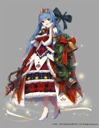 Rule 34 | 1girl, bell, blue eyes, breasts, christmas, christmas dress, cinderella (grimms notes), copyright notice, dress, full body, gloves, grey background, grimms notes, large breasts, long dress, makihitsuji, official art, polearm, ribbon, shield, shoes, smile, solo, spear, standing, tiara, weapon