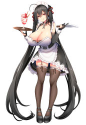 Rule 34 | 1girl, :q, absurdly long hair, absurdres, ahoge, alternate costume, apron, azur lane, bare shoulders, black gloves, black hair, breasts, brown thighhighs, chain, chixiao, cleavage, collar, collarbone, commentary, crossed bangs, elbow gloves, enmaided, frilled apron, frills, full body, garter straps, gloves, head tilt, highres, holding, holding knife, holding tray, huge breasts, kitchen knife, knife, leaning forward, long hair, looking at viewer, maid, maid headdress, partially fingerless gloves, red eyes, simple background, smile, solo, standing, taihou (azur lane), thighhighs, tongue, tongue out, tray, twintails, very long hair, waist apron, white apron, white background, wrist cuffs