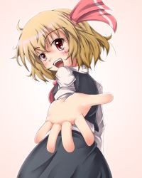 Rule 34 | 1girl, blonde hair, blush, embodiment of scarlet devil, fangs, female focus, foreshortening, from behind, looking back, nekotama shun, outstretched arm, outstretched hand, reaching, rumia, solo, standing, touhou