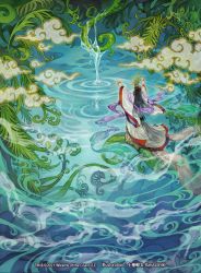 Rule 34 | 1girl, 2021, black hair, cloud, fern, fog, foliage, leaf, long hair, magic: the gathering, outstretched arms, plant, priestess, ripples, robe, shiki karuta, solo, standing, standing on liquid, tiara, vines, water, water drop, white robe