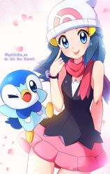 Rule 34 | 1girl, beanie, blue eyes, blue hair, blush, bracelet, closed mouth, commentary request, cowboy shot, creature, creatures (company), dawn (pokemon), eyelashes, game freak, gen 4 pokemon, hair ornament, hairclip, hand up, hat, highres, jewelry, long hair, looking at viewer, miyama (yakinikusushi the royal), nintendo, petals, pink scarf, pink skirt, piplup, pokemon, pokemon (anime), pokemon (creature), pokemon dppt (anime), scarf, shirt, skirt, sleeveless, sleeveless shirt, smile, tongue, tongue out, twitter username, white headwear