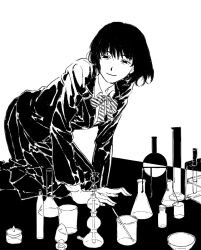 Rule 34 | 1girl, all fours, beaker, blazer, bow, bowtie, candle, closed mouth, collared shirt, erlenmeyer flask, flask, greyscale, highres, jacket, kgeroua, light smile, long sleeves, looking at viewer, monochrome, original, pleated skirt, school uniform, shirt, short hair, skirt, solo, test tube