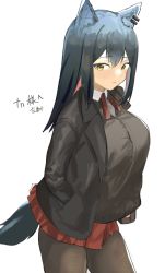 Rule 34 | 1girl, alternate breast size, alternate costume, animal ears, arknights, black hair, black jacket, black pantyhose, breasts, cardigan, closed mouth, collared shirt, colored inner hair, commentary, cowboy shot, grey cardigan, hair between eyes, hand in pocket, highres, jacket, large breasts, long hair, looking at viewer, miniskirt, multicolored hair, neck ribbon, pantyhose, pleated skirt, red hair, red ribbon, red skirt, ribbon, shirt, simple background, skirt, smile, solo, tail, texas (arknights), two-tone hair, uniform, white background, white shirt, wing collar, wolf ears, wolf tail, yellow eyes, zellam