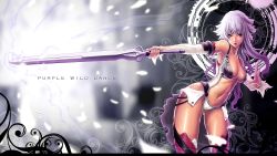 Rule 34 | 1girl, armor, bikini, bikini armor, blurry, blurry background, boots, breasts, cleavage, closed mouth, commentary request, cowboy shot, dark-skinned female, dark skin, detached sleeves, energy, english text, fingernails, highres, holding, holding sword, holding weapon, ikeda (hayato), leaning to the side, legs, lips, lipstick, looking at viewer, magic circle, makeup, nail polish, navel, original, petals, purple hair, purple lips, purple nails, red eyes, red footwear, short hair, solo, standing, stomach, swimsuit, sword, thigh boots, thighhighs, weapon