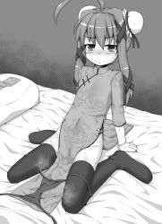 Rule 34 | 1girl, :&lt;, ahoge, arm support, blush, bracelet, bun cover, cameltoe, china dress, chinese clothes, cleft of venus, closed mouth, condom, condom packet strip, condom wrapper, covered navel, double bun, dress, embarrassed, female focus, flat chest, full body, greyscale, groin, hair bun, hair ribbon, half-closed eyes, highres, huge ahoge, jewelry, leaning back, long hair, long sleeves, looking at viewer, mitsuki (toriaezu), monochrome, nervous, no panties, nose blush, on bed, original, panties, unworn panties, pillow, ribbon, side-tie panties, side slit, sidelocks, sitting, skindentation, solo, steam, steaming body, sweat, thighhighs, twintails, underwear, wariza