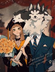 Rule 34 | 1girl, 3boys, animal ears, bart (juanmao), basil (juanmao), benson (juanmao), black bow, black bowtie, black fur, black sclera, blue eyes, blue necktie, blue suit, body fur, bouquet, bow, bowtie, bright pupils, brown hair, cerberus, chinese commentary, closed eyes, collared shirt, colored sclera, diploma, dress, english text, father and daughter, flower, formal, frills, furry, furry male, gown, graduation, green eyes, hand on another&#039;s head, hands up, hat, head rest, highres, holding, indoors, juanmao, looking at another, looking at viewer, medium hair, mortarboard, multiple boys, multiple heads, necktie, orange flower, orange rose, original, rose, saliva, shirt, smile, standing, striped necktie, striped suit, suit, tail, tongue, tongue out, two-sided fabric, upper body, white fur, white pupils, white shirt, wolf boy, wolf ears, wolf tail, yellow necktie