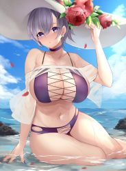 Rule 34 | 1girl, absurdres, azur lane, bad id, bad twitter id, bare shoulders, bikini, blush, breasts, choker, cleavage, collarbone, flower, g3 (bitgiii), hat, hat flower, hat ornament, highres, in water, large breasts, looking at viewer, nail polish, navel, off shoulder, official alternate costume, outdoors, parted lips, purple bikini, purple choker, purple eyes, purple hair, purple nails, reno (azur lane), reno (summer spin-off) (azur lane), short hair, sideboob, sitting, solo, sun hat, swimsuit, thighs, wet, white hat