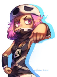 Rule 34 | 10s, 1girl, armpits, artist name, bandana, bandana over mouth, creatures (company), dated, game freak, hat, highres, jewelry, necklace, nintendo, npc trainer, pink eyes, pink hair, pokemon, pokemon sm, porforever, simple background, sitting, solo, star (symbol), team skull, team skull grunt, white background