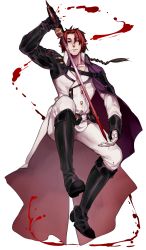 Rule 34 | 10s, 1boy, black hair, blood, boots, braid, capelet, crowley eusford, full body, gloves, highres, male focus, multicolored hair, owari no seraph, pointy ears, red eyes, red hair, simple background, solo, sword, teeth, two-tone hair, uguisu (ryu), weapon, white background