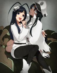 Rule 34 | 1boy, 1girl, androgynous, apg0w0, bambietta basterbine, black hair, bleach, blue eyes, cape, drooling, giselle gewelle, gloves, hat, licking, long hair, looking at viewer, military, military uniform, open mouth, peaked cap, quincy (bleach), saliva, sitting, tongue, trap, uniform, white gloves, zombie