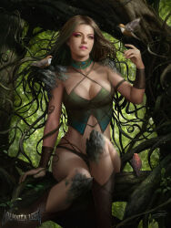 Rule 34 | 1girl, bird, breasts, choker, cleavage, copyright name, crop top, green eyes, highres, jord (valhalla lost), long hair, medium breasts, nature, outdoors, pink lips, plant, revealing clothes, signature, sitting, solo, valhalla lost, vines, watermark, wristband, yinyuming