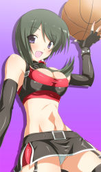 Rule 34 | 1girl, bare shoulders, basketball, black hair, black thighhighs, blush, breasts, cleavage, cleavage cutout, clothing cutout, elbow gloves, fingerless gloves, garter straps, gloves, hairband, halterneck, halterneck, kami nomi zo shiru sekai, long hair, microskirt, midriff, nagase jun, navel, open mouth, panties, pantyshot, purple eyes, side ponytail, skirt, smile, solo, spiked hairband, spikes, standing, thighhighs, toned, underwear, upskirt, yuto (dialique)
