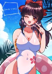 Rule 34 | 1girl, beach, breasts, brown eyes, cleavage, covered navel, curvy, english text, hair ribbon, highres, index finger raised, large breasts, legs, long hair, meu (artist), ocean, one-piece swimsuit, one eye closed, open mouth, pointing, pointing at self, ponytail, purple hair, ribbon, sakura taisen, sega, shinguuji sakura, smile, solo, swimsuit, thighs, water, wink