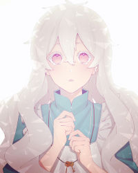 Rule 34 | 11 10 11, 1girl, absurdres, apron, bad id, bad pixiv id, blonde hair, blue dress, blush, crying, dress, earphones, hair between eyes, hands on own chest, hands up, highres, jewelry, kagerou project, key, kozakura marry, long hair, looking at viewer, necklace, open mouth, pink eyes, platinum blonde hair, simple background, solo, tears, upper body, very long hair, white apron