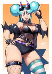 Rule 34 | 1girl, belt, black gloves, black hairband, black jacket, blue hair, blue nails, bracelet, breasts, cleavage, collar, commentary, covered navel, double bun, evil grin, evil smile, fingerless gloves, fishnets, from below, gloves, gluteal fold, grin, hair bun, hairband, hand on own hip, highleg, highres, horns, jacket, jewelry, large breasts, leotard, long hair, multiple belts, original, purple eyes, purple horns, ryuusei (mark ii), shaded face, sharp teeth, shoulder spikes, shrimball (ryuusei (mark ii)), signature, smile, solo, spiked collar, spikes, strapless, strapless leotard, striped clothes, striped thighhighs, teeth, thick eyebrows, thigh strap, thighhighs, thighs, tongue, tongue out, twitter username, very long hair