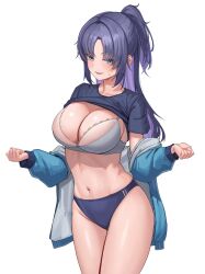 Rule 34 | 1girl, black shirt, blue archive, blue buruma, blue eyes, blue hair, blue jacket, bra, breasts, buruma, cleavage, clothes lift, cowboy shot, grey bra, gym uniform, half updo, highres, jacket, kekko 044, lace, lace-trimmed bra, lace trim, large breasts, long hair, long sleeves, looking at viewer, navel, off shoulder, official alternate costume, open clothes, open jacket, open mouth, parted bangs, purple hair, shirt, shirt lift, short sleeves, simple background, smile, solo, stomach, sweatdrop, thighs, underwear, white background, yuuka (blue archive), yuuka (track) (blue archive)