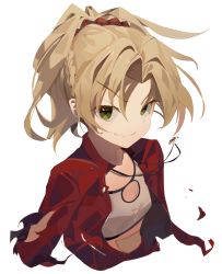 Rule 34 | 1girl, absurdres, blonde hair, braid, breasts, commentary request, fate/apocrypha, fate (series), french braid, green eyes, hair ornament, hair scrunchie, highres, jacket, jewelry, looking at viewer, mordred (fate), mordred (fate/apocrypha), mordred (memories at trifas) (fate), open clothes, open jacket, ponytail, red jacket, red scrunchie, same (sendai623), scrunchie, simple background, small breasts, smile, solo, torn clothes, torn jacket, upper body, white background