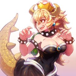 Rule 34 | 1girl, animal ears, armlet, bare shoulders, black dress, blonde hair, bowsette, bracelet, breasts, chest jewel, claws, cleavage, collar, cowboy shot, crown, dress, fangs, fingernails, gradient background, hair between eyes, highres, horns, jewelry, kin mokusei, large breasts, long hair, looking back, looking to the side, mario (series), new super mario bros. u deluxe, nintendo, open mouth, pointy ears, red eyes, sharp fingernails, smile, solo, spiked armlet, spiked bracelet, spiked collar, spiked shell, spiked tail, spikes, strapless, strapless dress, super crown, tail, thick eyebrows, turtle shell