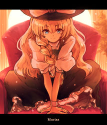 Rule 34 | 1girl, black dress, blonde hair, blue eyes, blush, bow, braid, character name, dress, frilled dress, frills, hair bow, hat, hat bow, indian style, kirisame marisa, letterboxed, long hair, looking at viewer, onimaru gonpei, puffy sleeves, side braid, sitting, smile, solo, touhou, v arms, white bow, witch hat, wristband