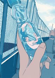 Rule 34 | 1girl, 456, air bubble, blue hair, blue theme, bottle, bubble, chain-link fence, fence, hands up, holding, holding bottle, original, outdoors, pov, pov hands, ramune, reflection, refraction, rooftop, shirt, short hair, white shirt