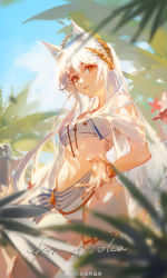 Rule 34 | 1girl, animal ear fluff, animal ears, arknights, bad link, bare shoulders, bikini, bracelet, breasts, brown eyes, ciloranko, day, english text, hand up, highres, horse ears, jewelry, laurel crown, long hair, looking at viewer, navel, official alternate costume, outdoors, parted lips, platinum (arknights), platinum (shimmering dew) (arknights), sash, sidelocks, solo, standing, swimsuit, thighlet, thighs, very long hair, white hair