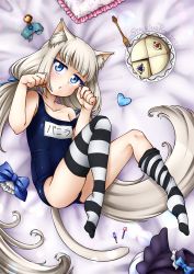 Rule 34 | 1girl, animal ears, aqua eyes, bed sheet, blunt bangs, bow, cake, cat ears, cat girl, cat tail, commentary request, food, hair bow, hair ribbon, long hair, looking at viewer, low twintails, lying, name tag, nekopara, old school swimsuit, parted lips, paw pose, pillow, ribbon, school swimsuit, sidelocks, solo, stalkingp, striped clothes, striped thighhighs, swimsuit, tail, thighhighs, translation request, twintails, vanilla (nekopara), white hair