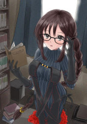 Rule 34 | 1girl, backlighting, black-framed eyewear, black dress, black gloves, blush, book, bookshelf, braid, breasts, brown hair, center opening, dress, earrings, elbow gloves, fate/grand order, fate (series), glasses, gloves, grey dress, grey eyes, jewelry, kitagawa mikio, layered dress, long hair, looking at viewer, medium breasts, multiple earrings, multiple piercings, open book, open mouth, ribbed dress, ribbon-trimmed dress, solo, turtleneck, turtleneck dress, very long hair, window, yu mei-ren (fate), yu mei-ren (first ascension) (fate)