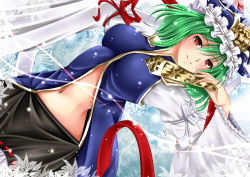 Rule 34 | 1girl, bad id, bad nicoseiga id, blush, female focus, frills, green hair, hat, hecho, long sleeves, navel, puffy sleeves, red eyes, rod of remorse, shiki eiki, short hair, smile, solo, touhou, wide sleeves