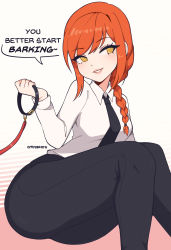 Rule 34 | 1girl, absurdres, animal collar, artist name, black necktie, black pants, braid, braided ponytail, breasts, chainsaw man, collar, cremanata, english text, highres, holding, holding collar, makima (chainsaw man), medium breasts, necktie, orange hair, pants, ringed eyes, shirt, smile, solo, speech bubble, thick thighs, thighs, white shirt, yellow eyes