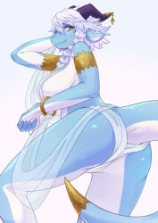 Rule 34 | 1girl, armlet, ass, blue background, blue skin, bracelet, braid, breasts, brown eyes, colored skin, dragon girl, dragon horns, dragon tail, from behind, furry, furry female, gold, gradient background, hanadaiteol, highres, horn ornament, horns, jewelry, large breasts, looking at viewer, looking back, multicolored skin, original, short hair with long locks, side braid, single braid, slit pupils, solo, tail, tail ornament, thighs, white background, white hair, white skin