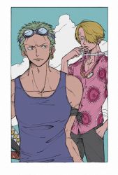 Rule 34 | 2boys, blonde hair, earrings, goggles, goggles around neck, goggles on head, green hair, hair over one eye, hand in pocket, hiraharu, jewelry, male focus, multiple boys, one piece, outdoors, roronoa zoro, sanji (one piece), sheath, sheathed, short hair, short sleeves, sleeveless, smoking