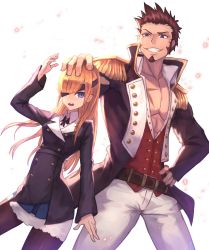 Rule 34 | 1boy, 1girl, abs, beard, blue eyes, brown hair, collared shirt, cowboy shot, epaulettes, eyepatch, facial hair, fate/grand order, fate (series), hair over one eye, highres, jacket, long hair, long sideburns, long sleeves, male focus, masaki (msk064), napoleon bonaparte (fate), neck ribbon, open clothes, open mouth, ophelia phamrsolone, pectorals, ribbon, scar, shirt, sideburns, smile, upper body, white background