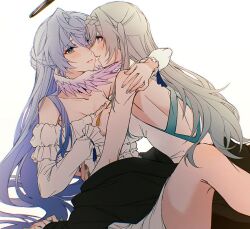 2girls arm_around_neck bare_arms between_legs black_skirt blush commentary dress firefly_(honkai:_star_rail) gradient_hair green_eyes grey_hair halo hand_on_another&#039;s_shoulder head_wings honkai:_star_rail honkai_(series) long_hair long_sleeves looking_at_another multicolored_hair multiple_girls off-shoulder_shirt off_shoulder parted_lips purple_eyes purple_hair purple_nails robin_(honkai:_star_rail) shirt sieka_(piiroinardesco) simple_background skirt smile symbol-only_commentary white_background white_dress white_shirt wings yuri